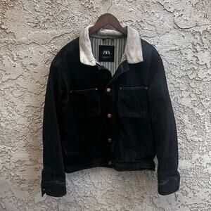 Zara Black Denim Jacket with Cream Corduroy Collar